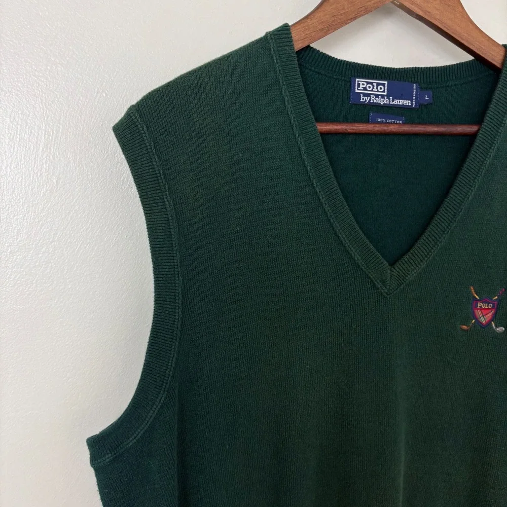 VTG‎ Polo Ralph Lauren Sweater Vest Mens Large Green Golf Crest Knit Cotton FLAW